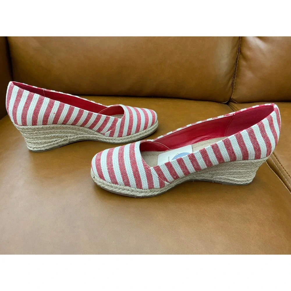 St. John's Bay Botanic Espadrille Wedge Womens 6 Red New Striped Memory Foam